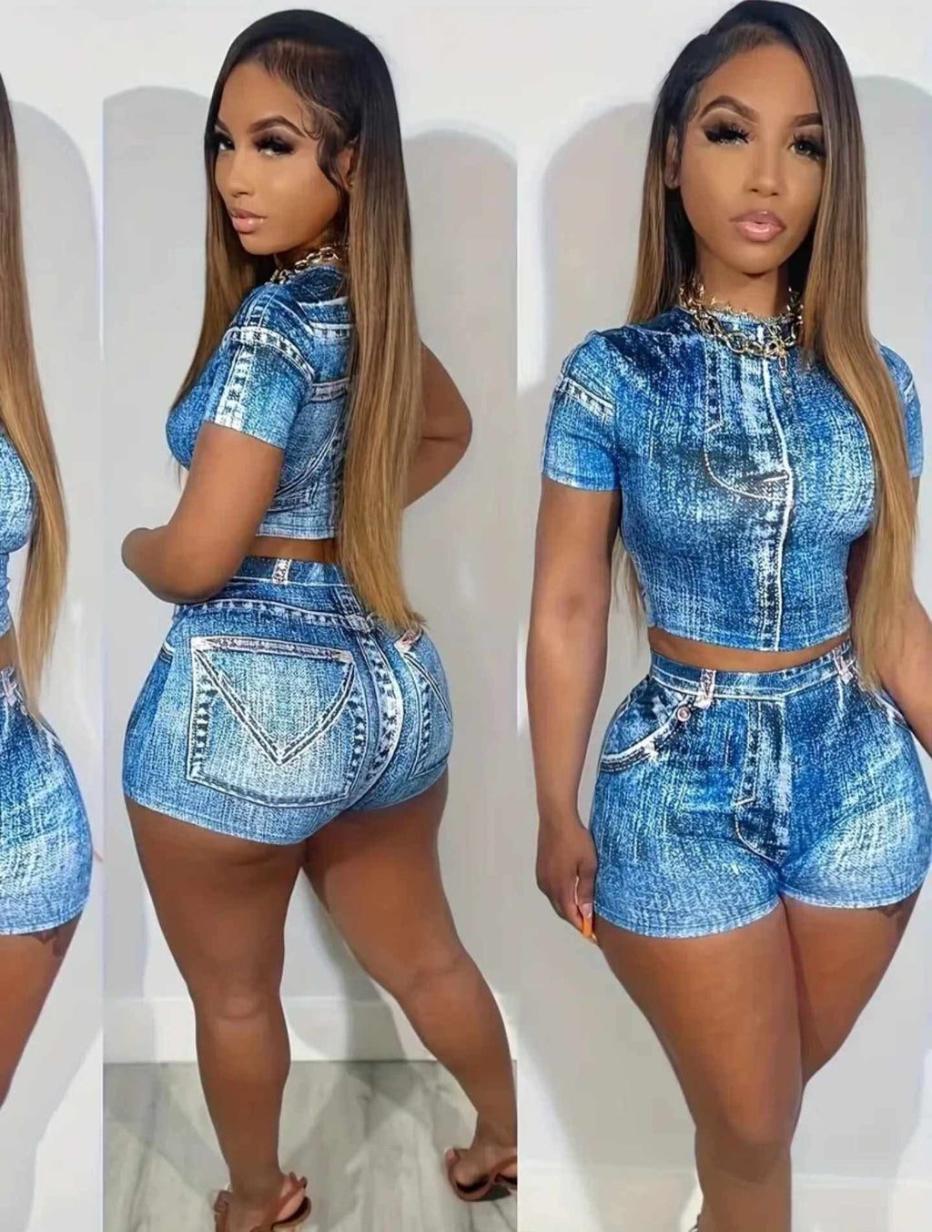 LA CITY Women's Jumpsuit Set with Blue Denim Design and Matching Shorts in Womenswear